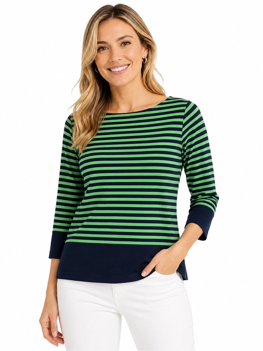 Women's Green & Navy Striped Boatneck Top - 1031